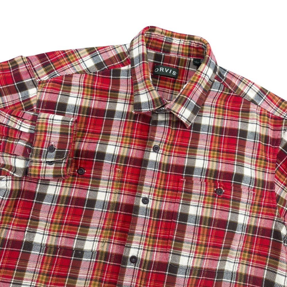 Orvis Mens Red Plaid Flannel Button‎ Down Shirt Large Long Sleeve Outdoors